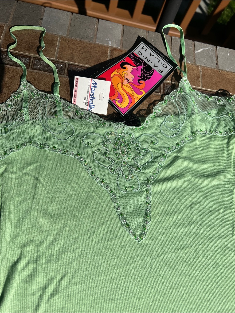 NWT Light Green Lace-Trim Camisole with lace & embellishment’s. Size large